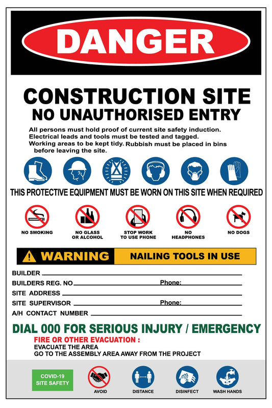Construction Site Entry Combination and Covid Sign