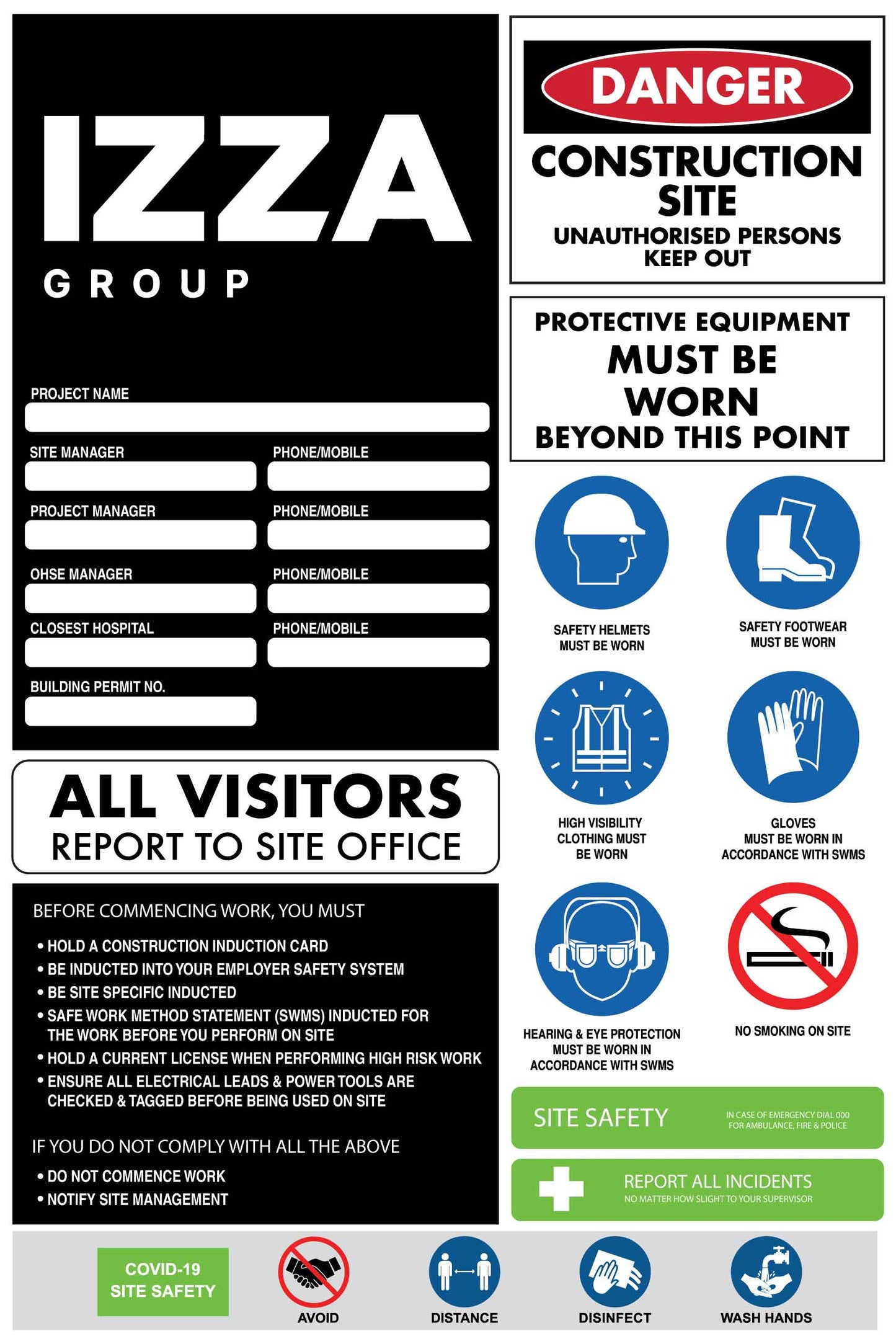 IZG Construction Site Entry Compliance Covid 600mm x 900mm Sign