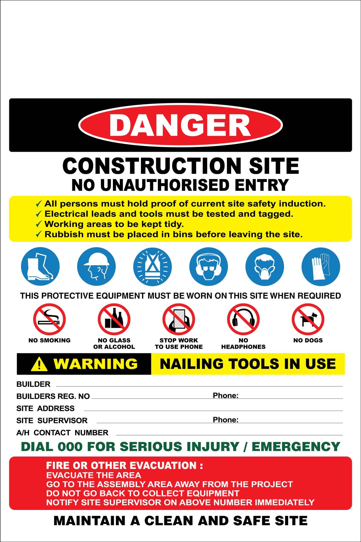 Construction Site Entry Danger Combination Logo Sign