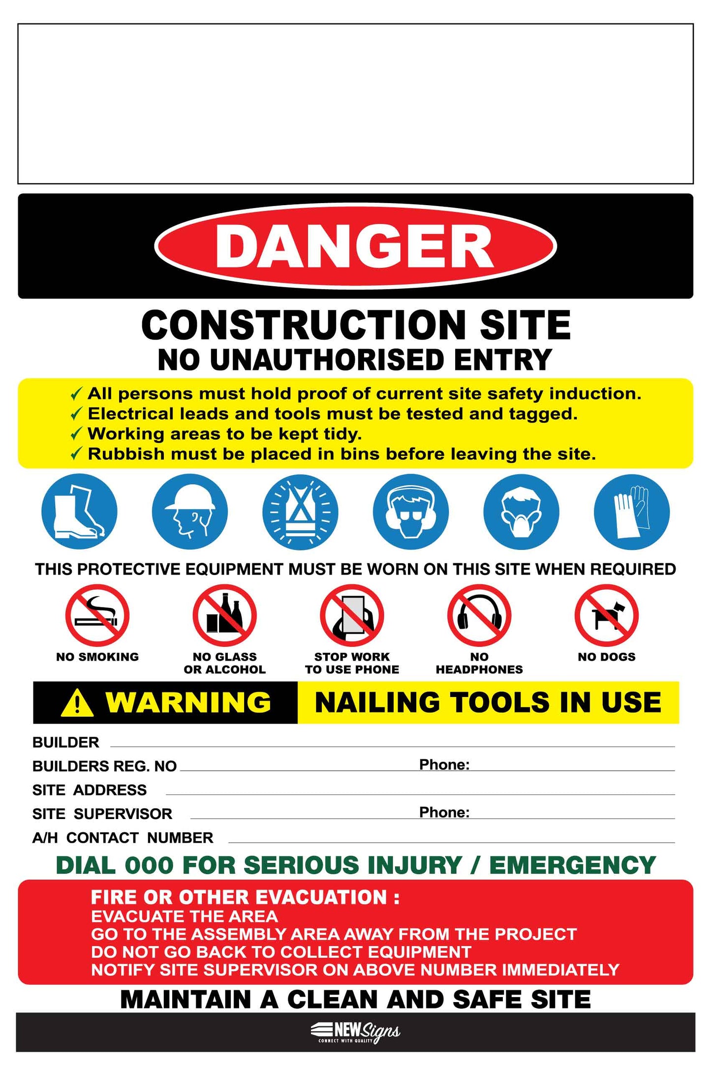 Construction Site Entry Danger Combination Logo Sign