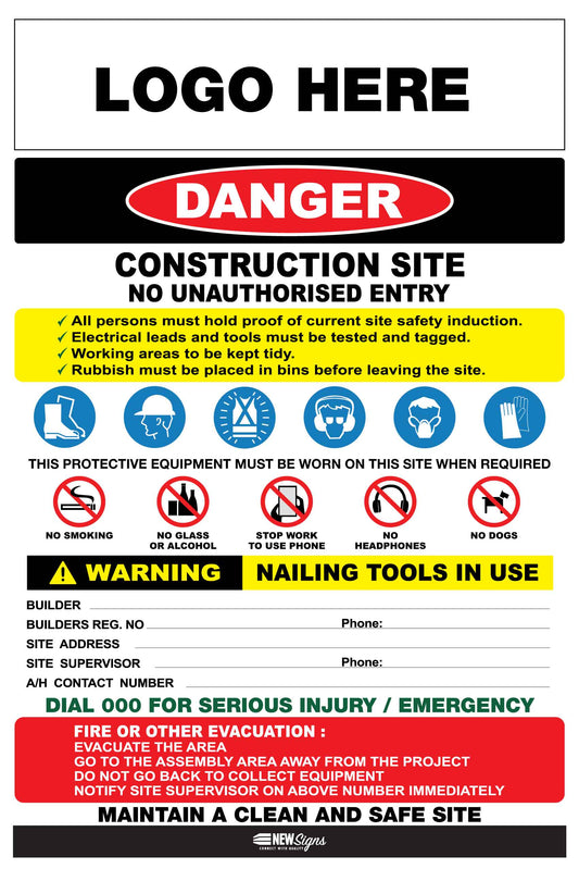 Construction Site Entry Danger Combination Logo Sign