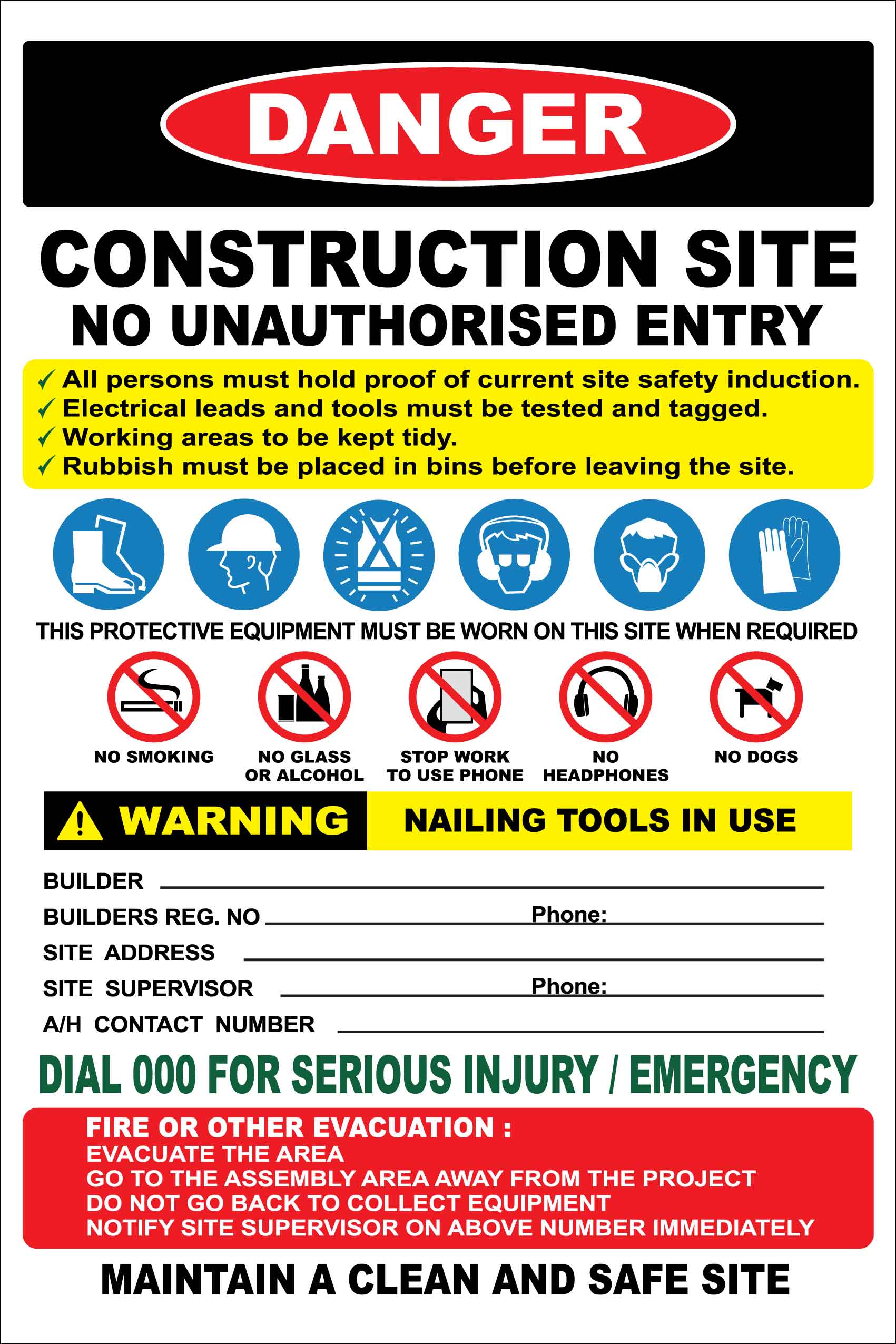 Construction Site Entry Danger Combination No Logo – New Signs
