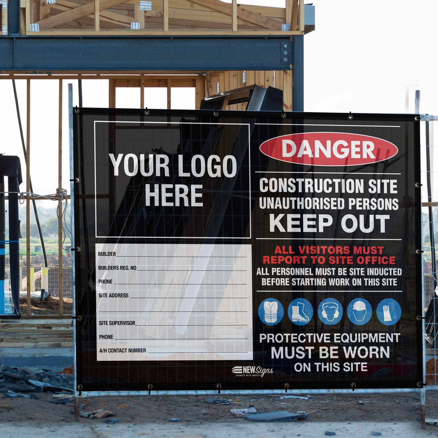Construction Site Entry Danger PPE Keep Out Building - Mesh Banner