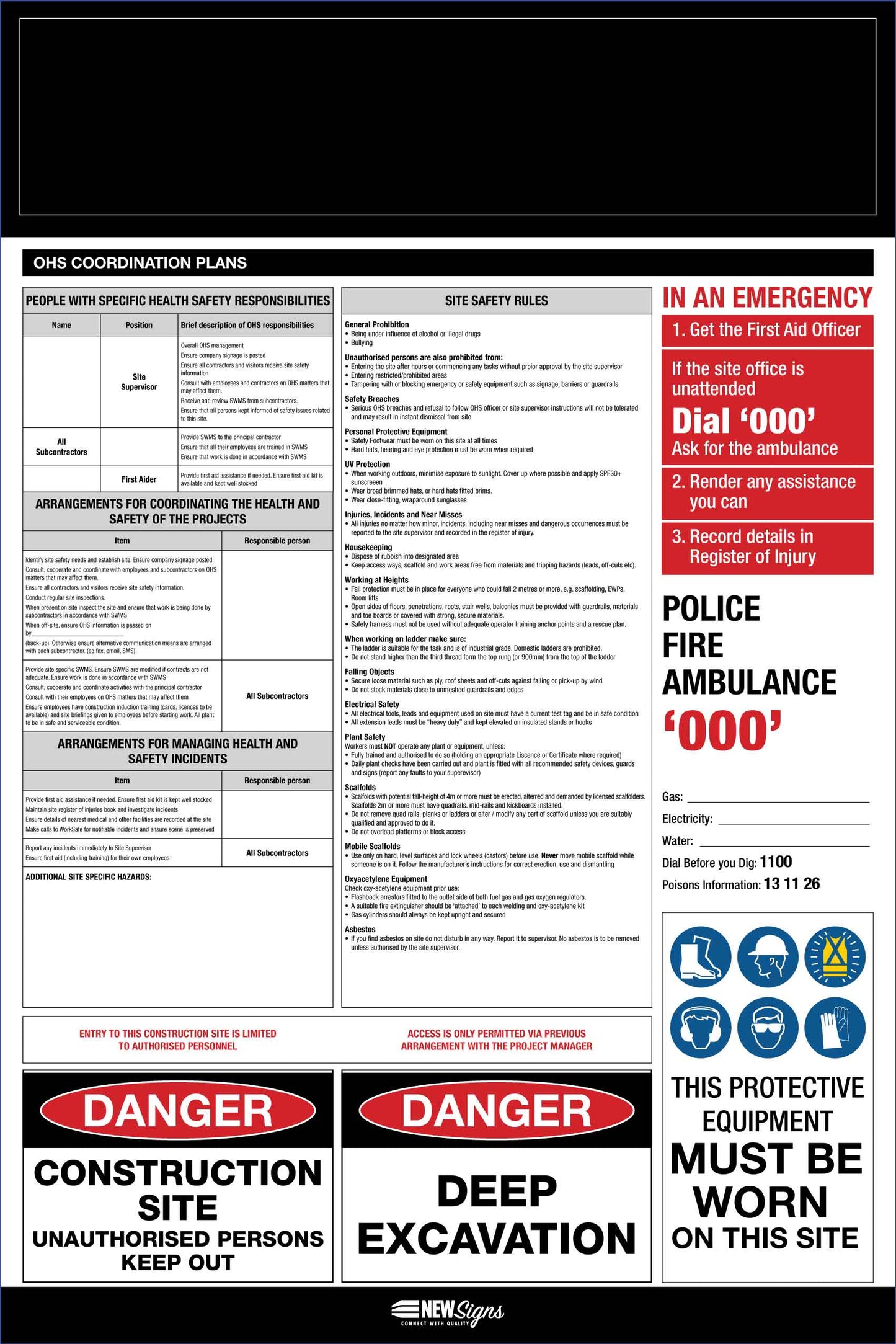 Construction Site Entry OHS and Safety Co-Ordination Plan Sign