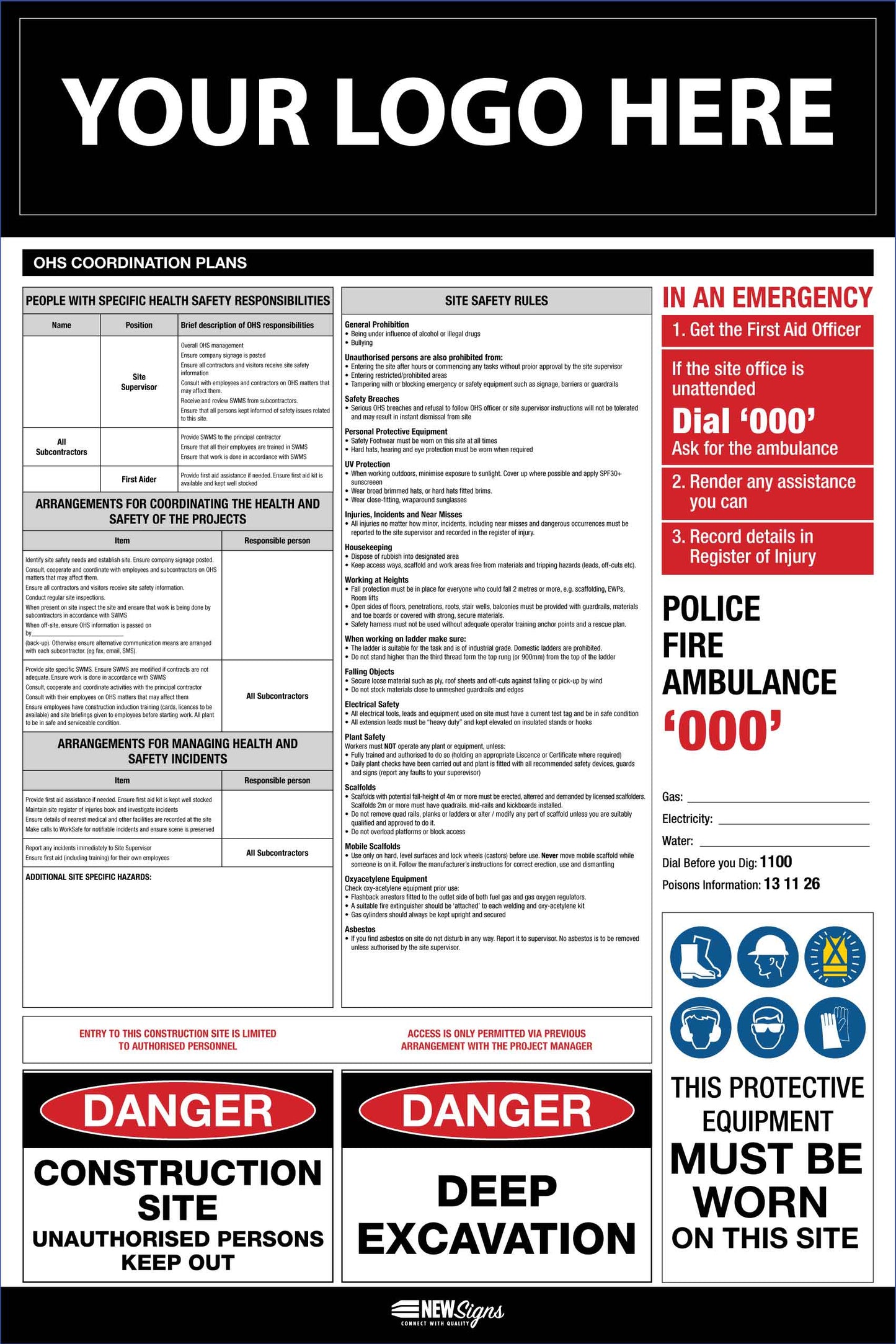 Construction Site Entry OHS and Safety Co-Ordination Plan Sign