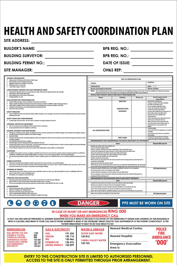 Construction Site Entry Sign Health and Safety CoOrdination Plan Sign New Signs