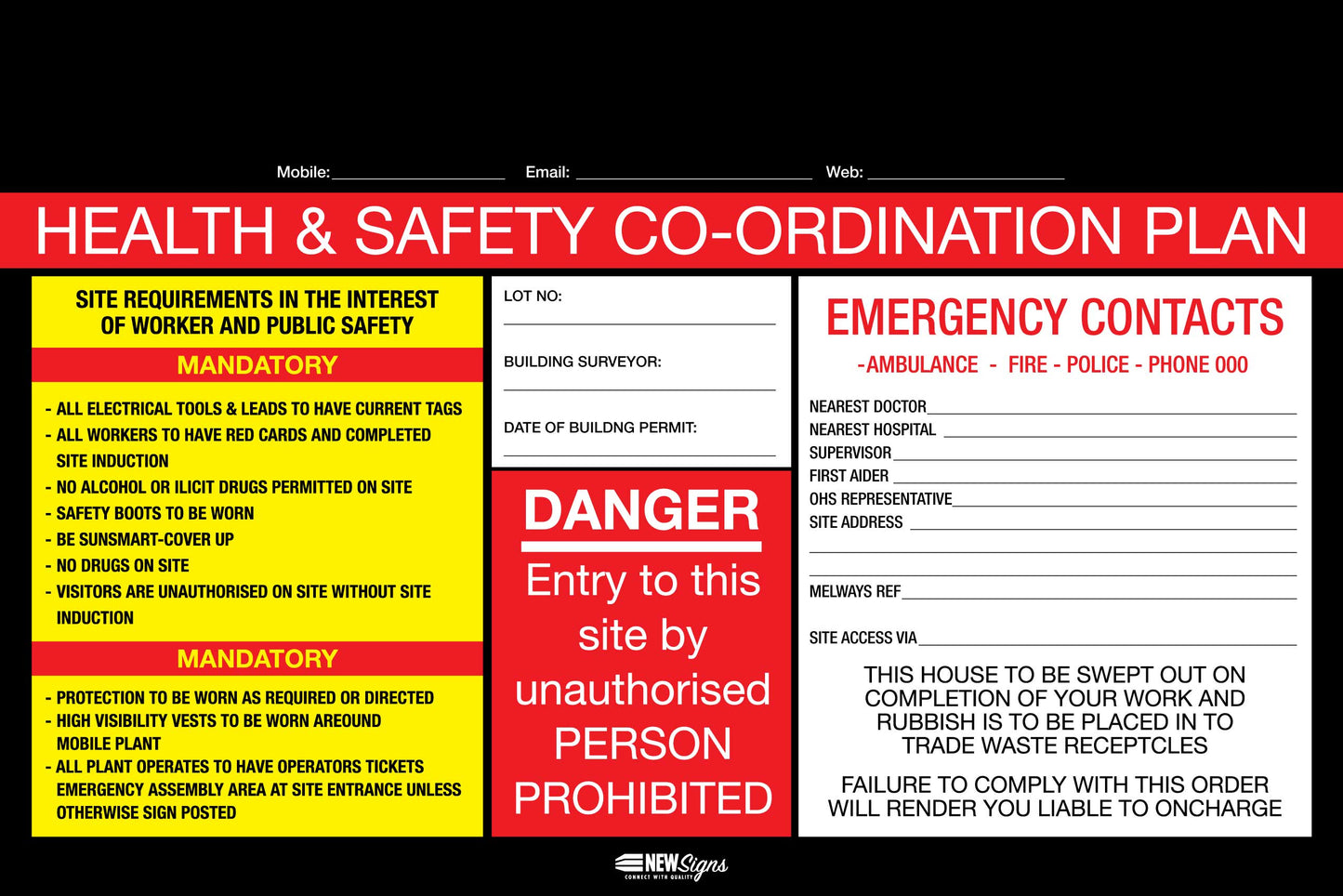 Construction Site Entry Sign Health and Safety Danger Co-Ordination Plan Sign