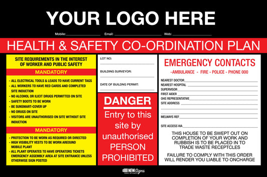 Construction Site Entry Sign Health and Safety Danger Co-Ordination Plan Sign