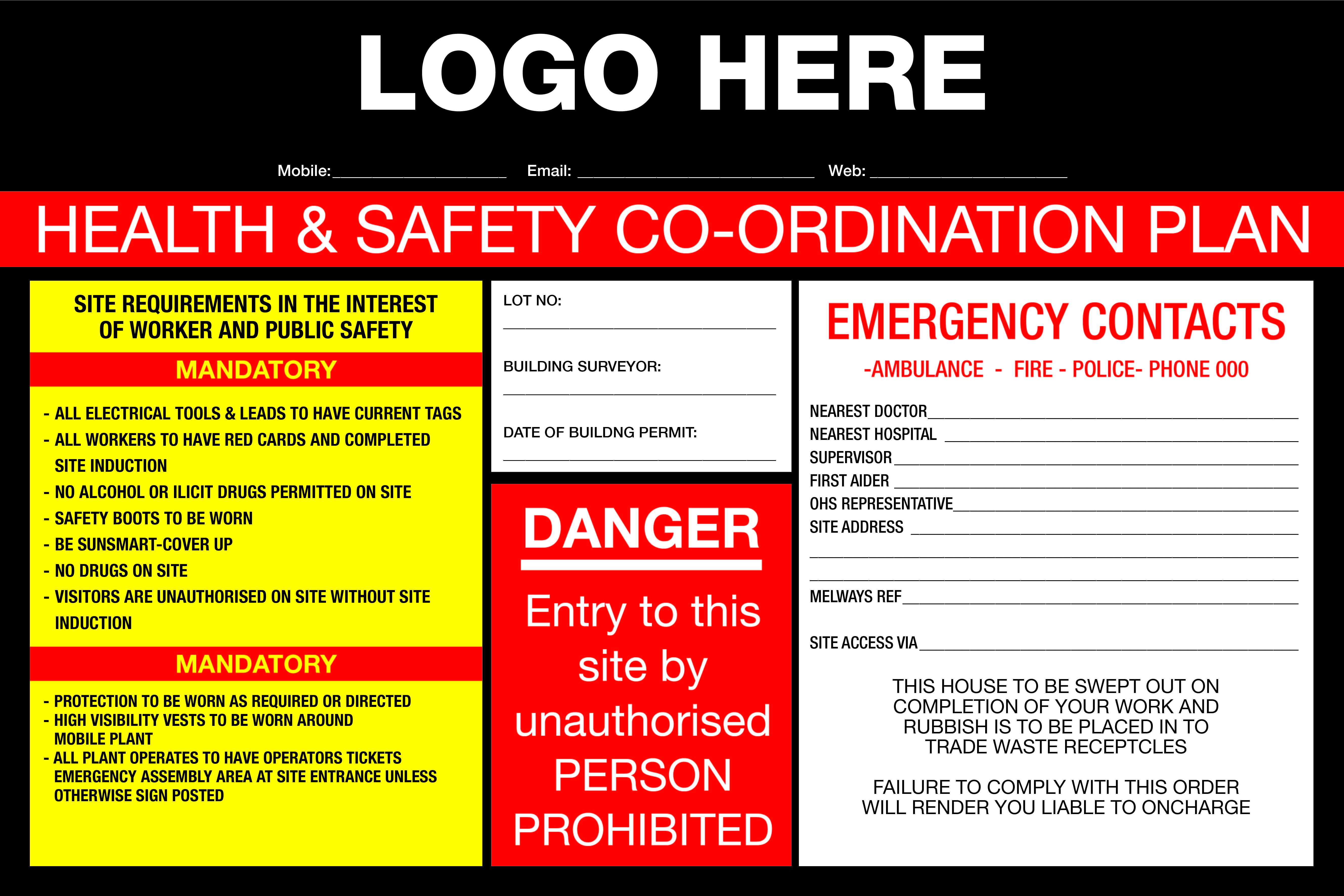 Construction Site Entry Sign Health and Safety Danger Co-Ordination Pl ...