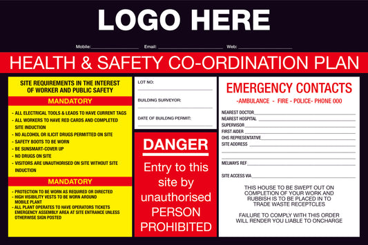 Construction Site Entry Sign Health and Safety Danger Co-Ordination Plan Sign