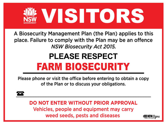 Farm Biosecurity Visitors NSW Management Plan Sign
