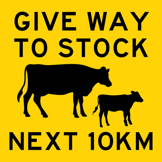 Give Way To Stock Next 10km Multi Message Traffic Sign