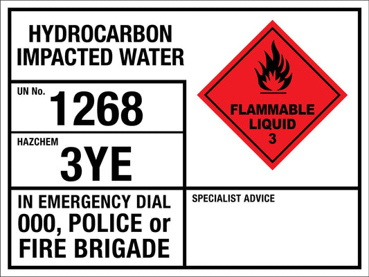 Hydrocarbon Impacted Water 1268 3YE Emergency Information Sign