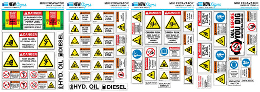 Mini Excavator Under 10 Tonnes Machine Safety Sticker Set