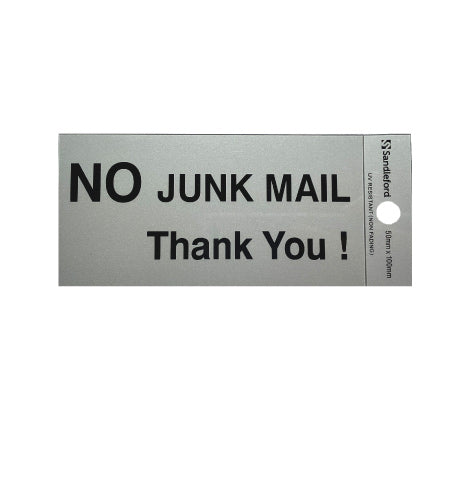 No Junk Mail Thank you - Silver Self Adhesive Sign - 100 x 50mm