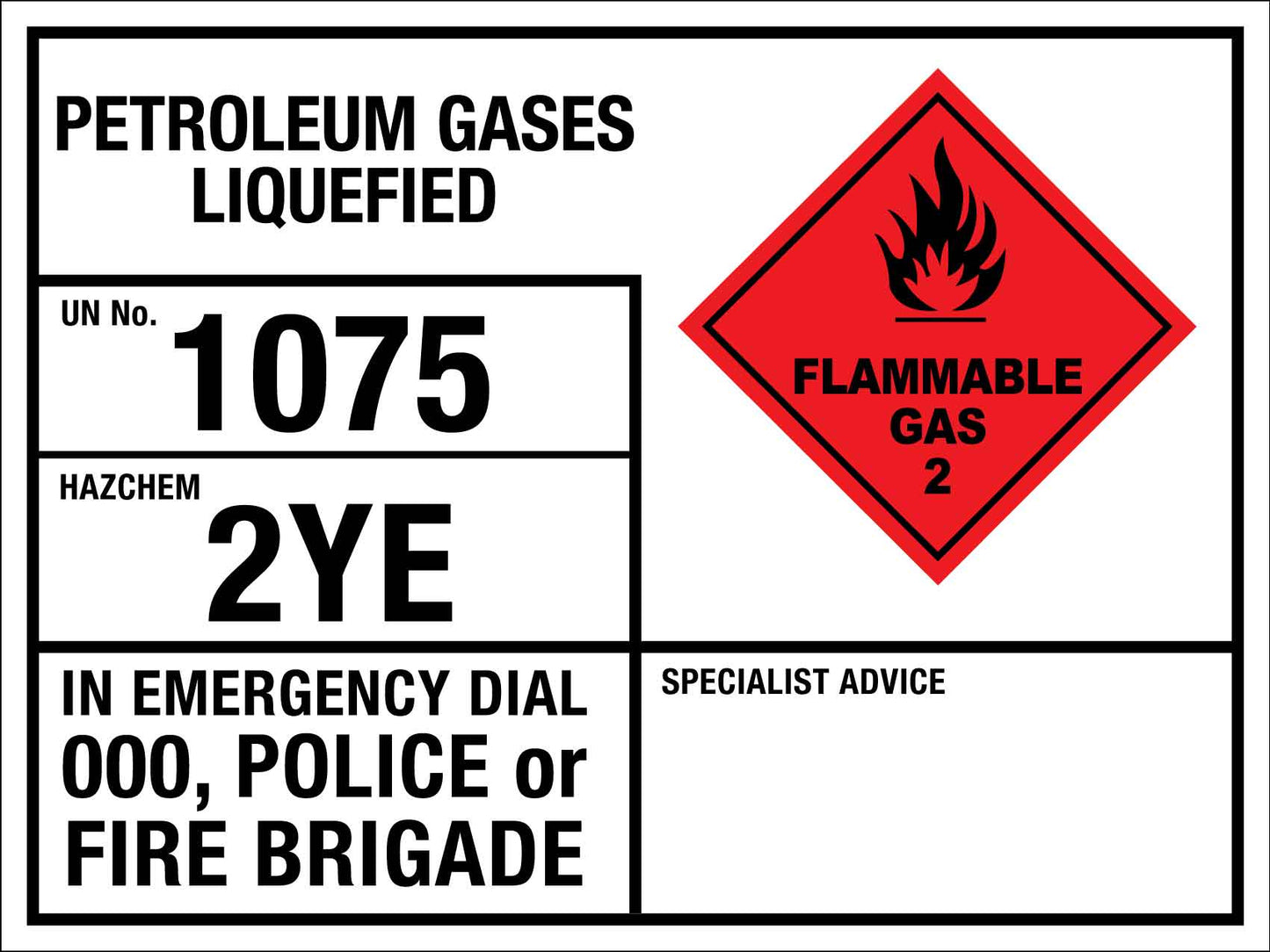 Petroleum Gases Liquefied 1075 2YE Emergency Information Sign