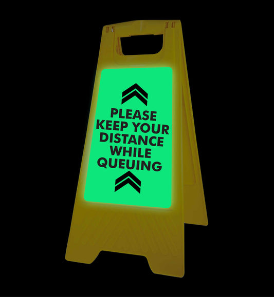 Glow In The Dark - Yellow A-Frame - Please Keep Your Distance While Queuing