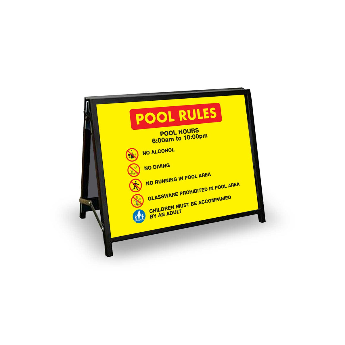 Pool Sign Ft A-Frame Landscape Black - Pool Rules 1 Pool Hours 6am-10pm Corflute In ...