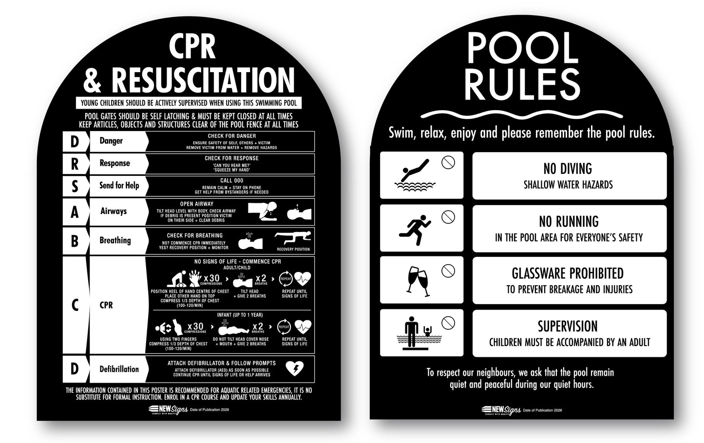 CPR Sign & Pool Rules Sign Pack Arch Black Background