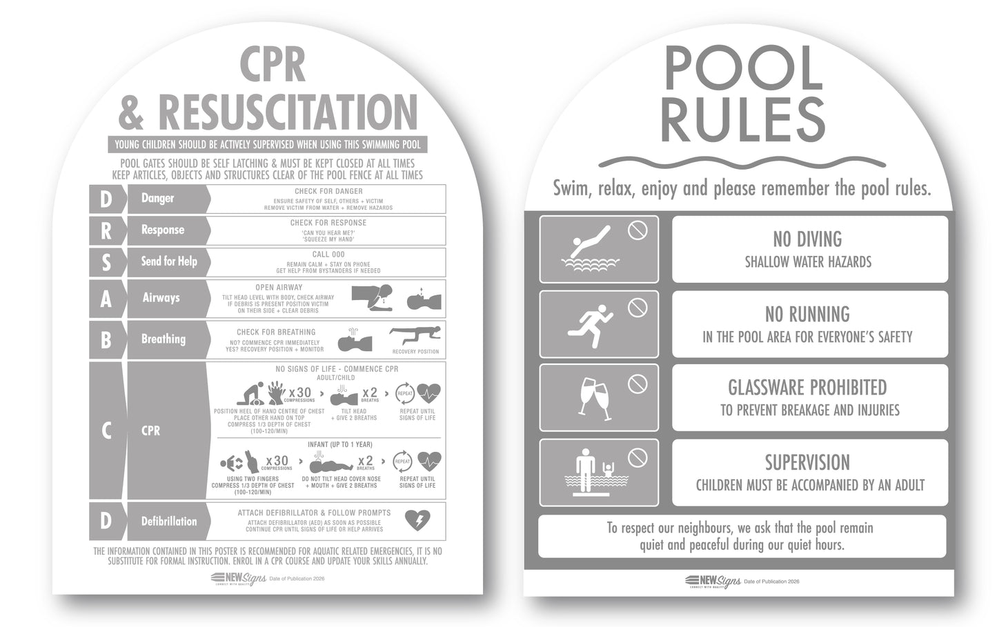 CPR Sign & Pool Rules Sign Pack Arch Grey