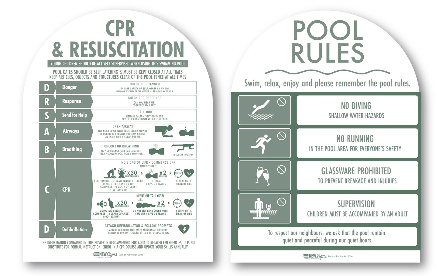 CPR Sign & Pool Rules Sign Pack Arch Sage