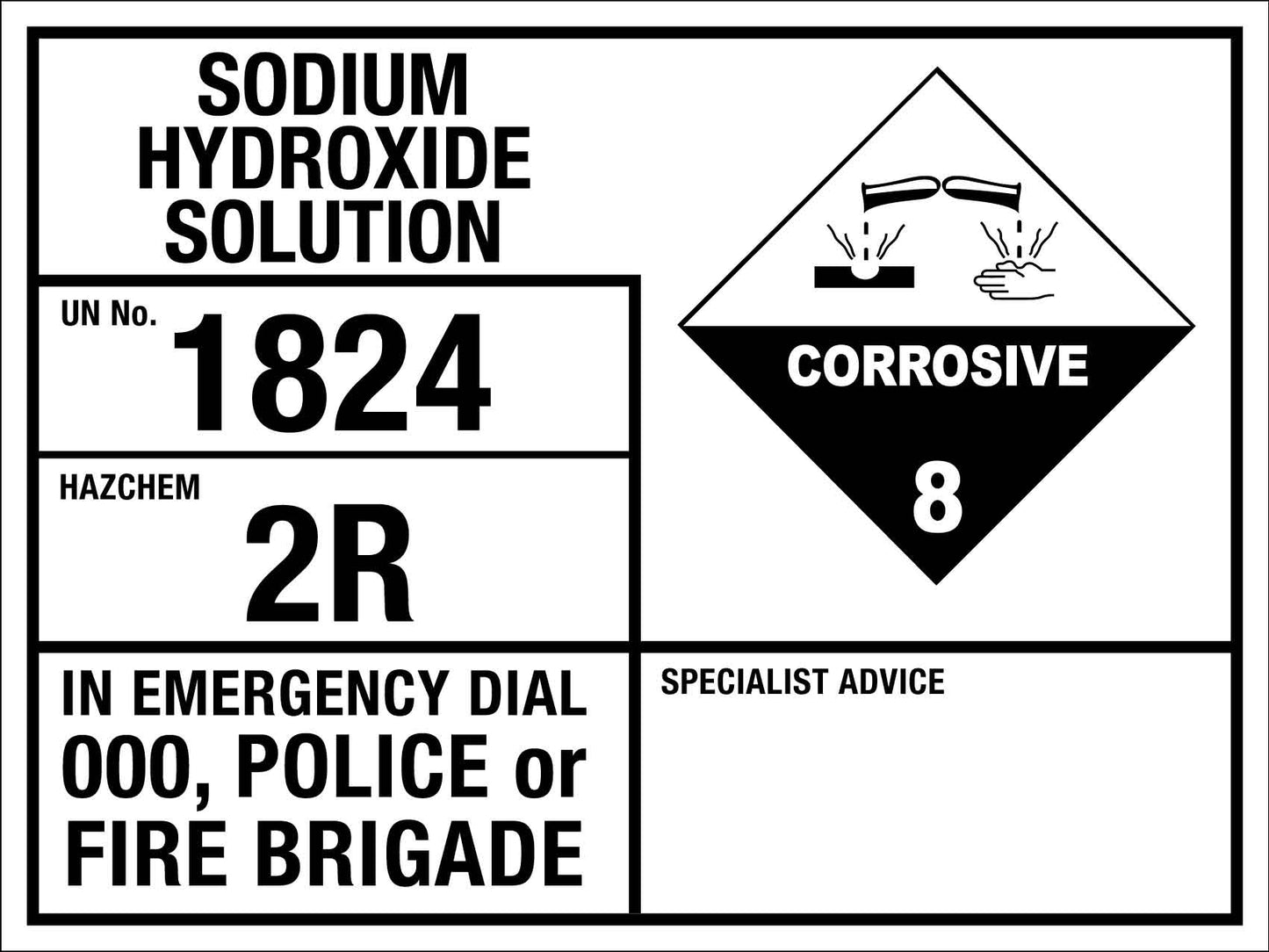 Sodium Hydroxide Solution 1824 2R Emergency Information Sign