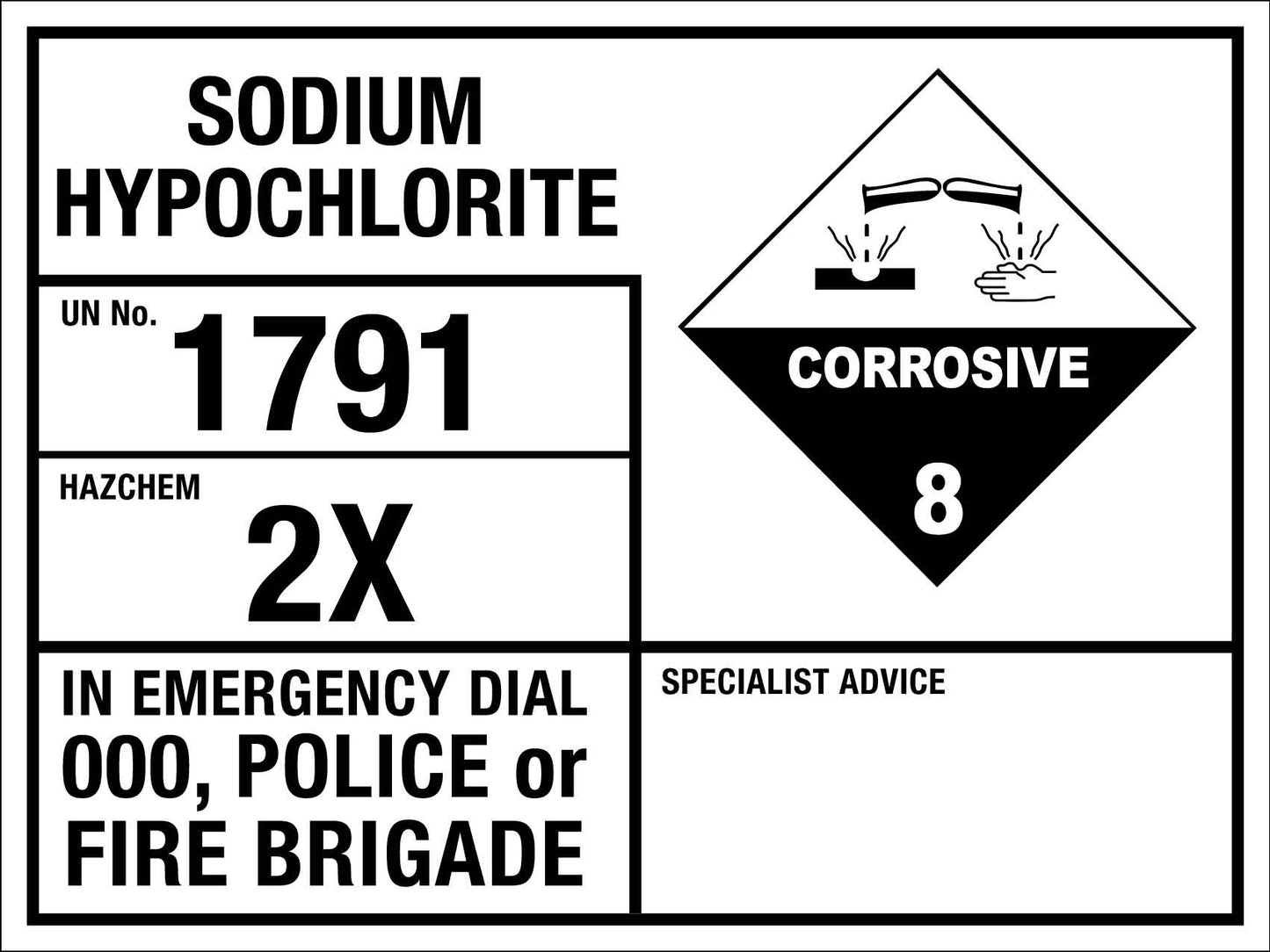 Sodium Hypochlorite 1791 2X Emergency Information Sign