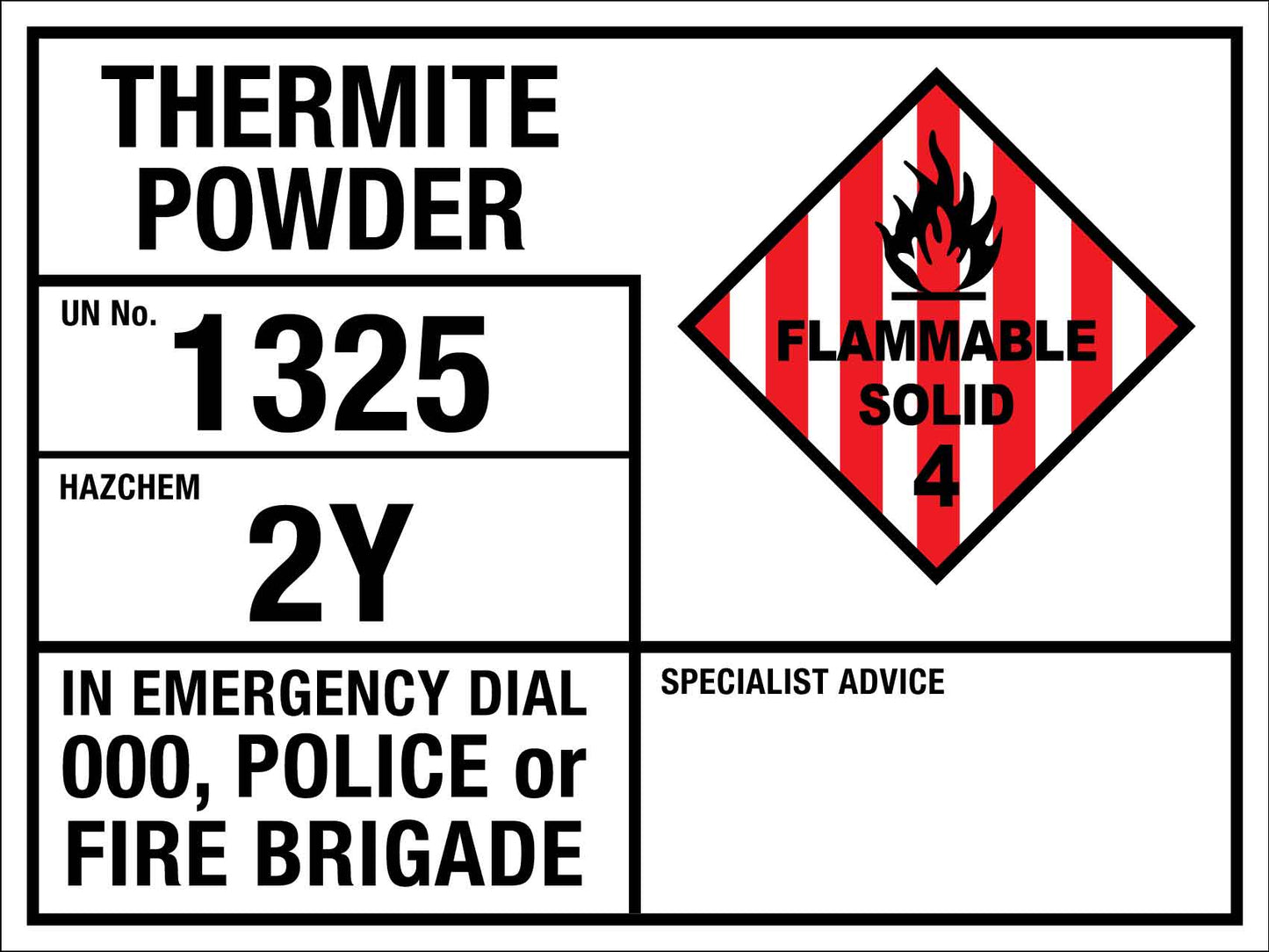 Thermite Powder 1325 2Y Emergency Information Sign