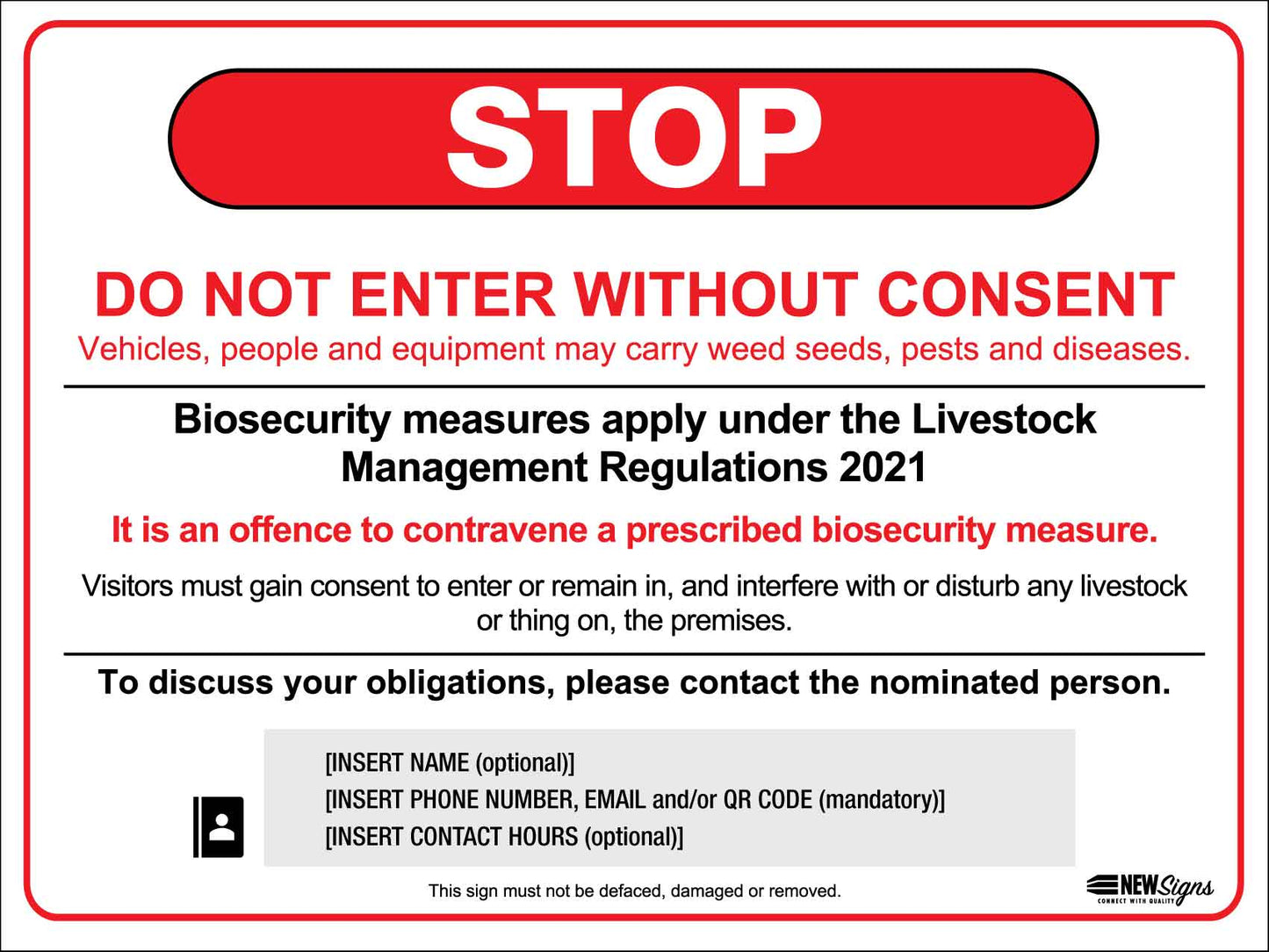 Visitors Biosecurity Stop Do Not Enter Without Consent VIC Sign
