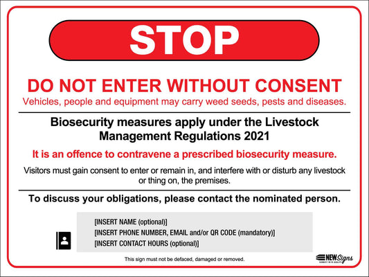 Visitors Biosecurity Stop Do Not Enter Without Consent VIC Sign