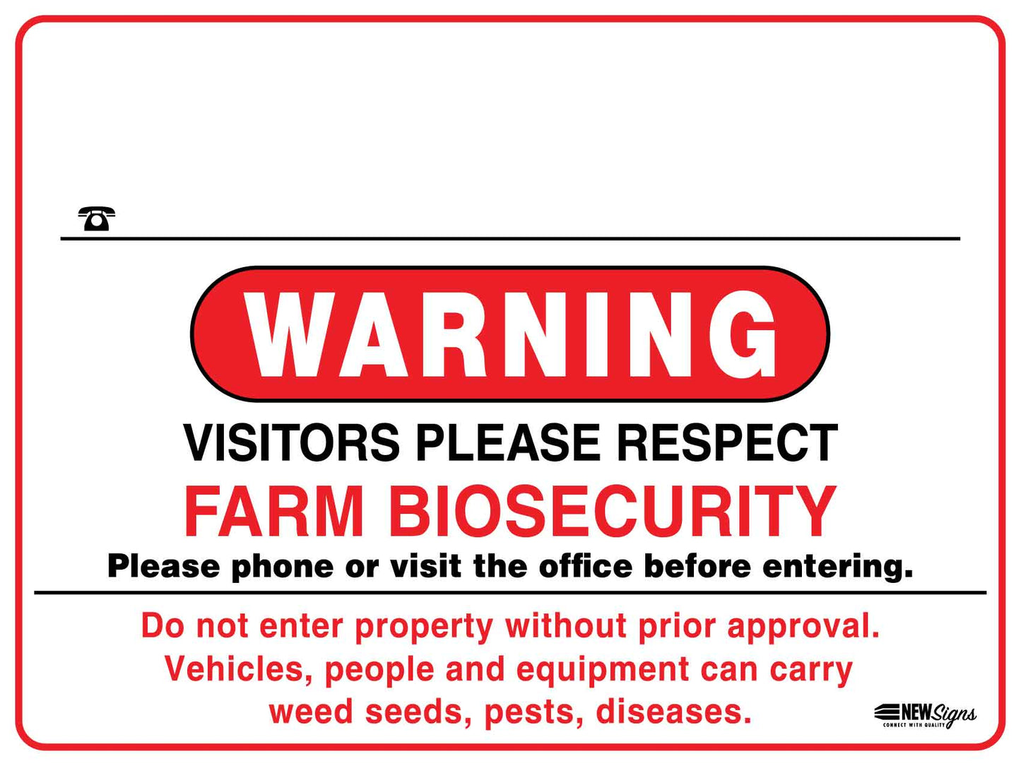 Warning Farm Biosecurity Red Custom Sign