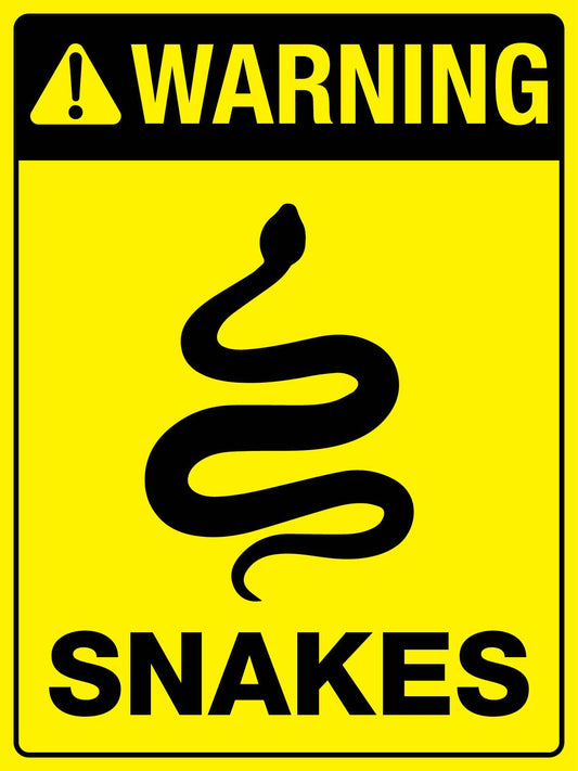 Warning Snakes Bright Yellow Sign