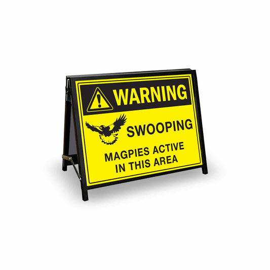 A-Frame Landscape Black - Warning Swooping Magpies Active in this Area Bright Yellow