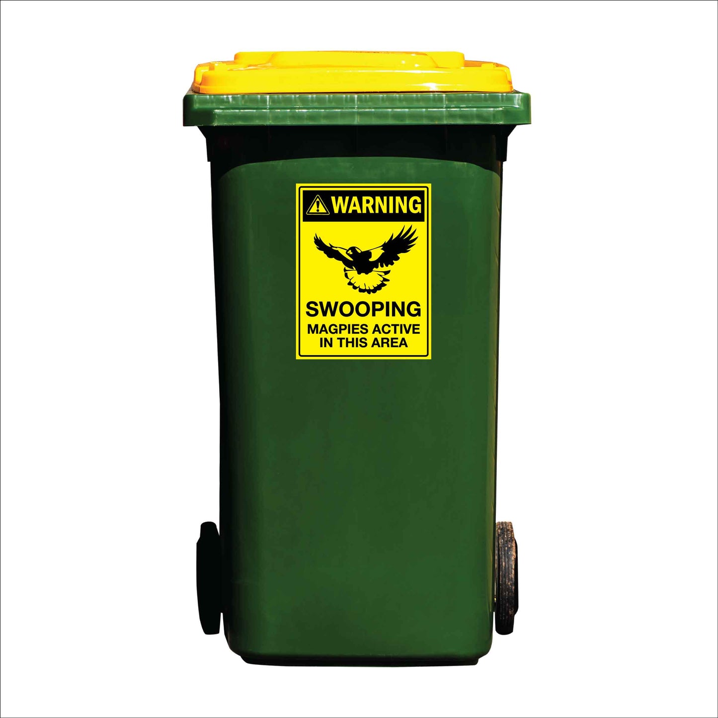 Warning Swooping Magpies Active in this Area Bright Yellow Wheelie Bin Sticker