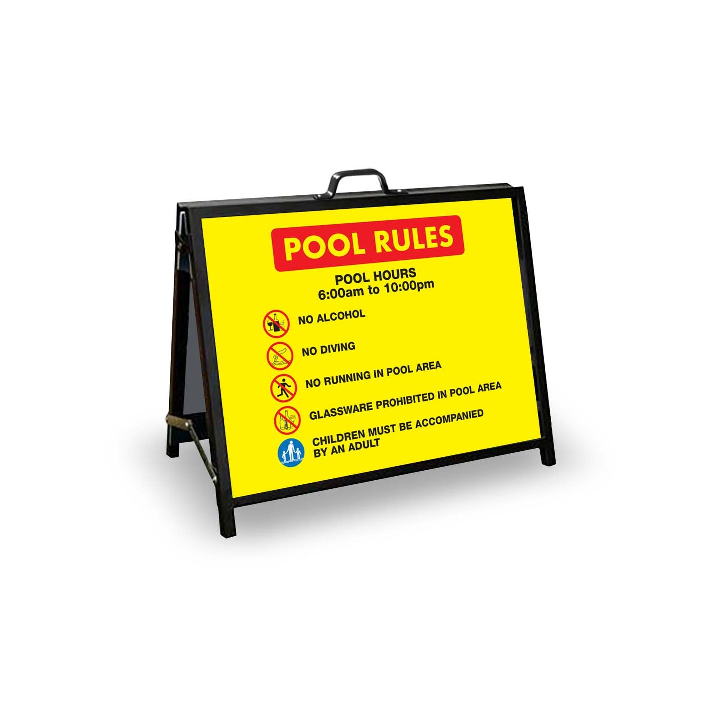 A - Frame Landscape Black - Pool Rules 1 Pool Hours 6am - 10pm Corflute Inserts - New Signs