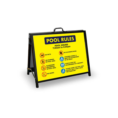 A - Frame Landscape Black - Pool Rules 1 Pool Hours 7am - 9pm Corflute Inserts - New Signs