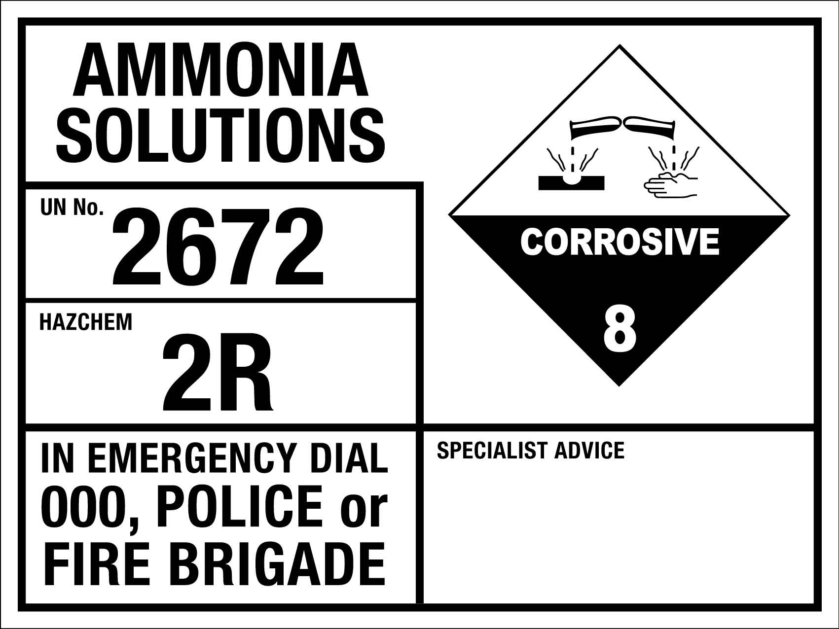Ammonia Solutions 2672 2R Emergency Information Sign - New Signs