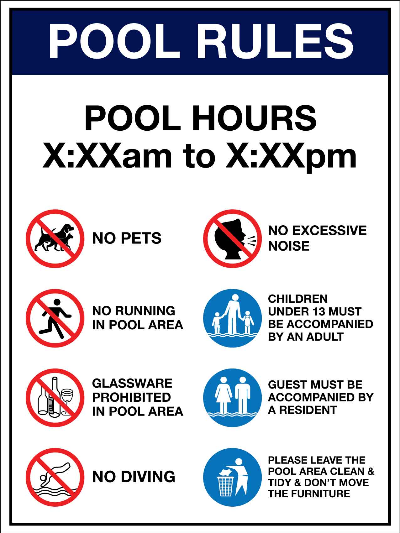AP Pool Rules 1 Pool Hours Custom Dark Blue Sign - New Signs