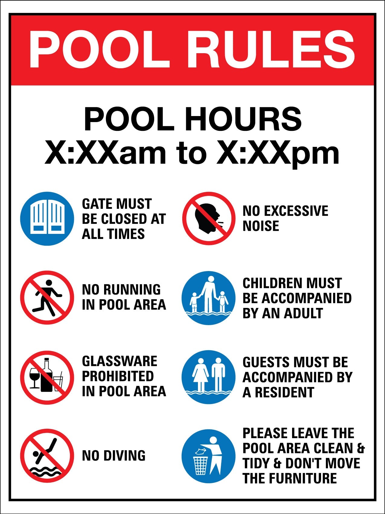 AP Pool Rules 1 Pool Hours Custom Red Sign - New Signs