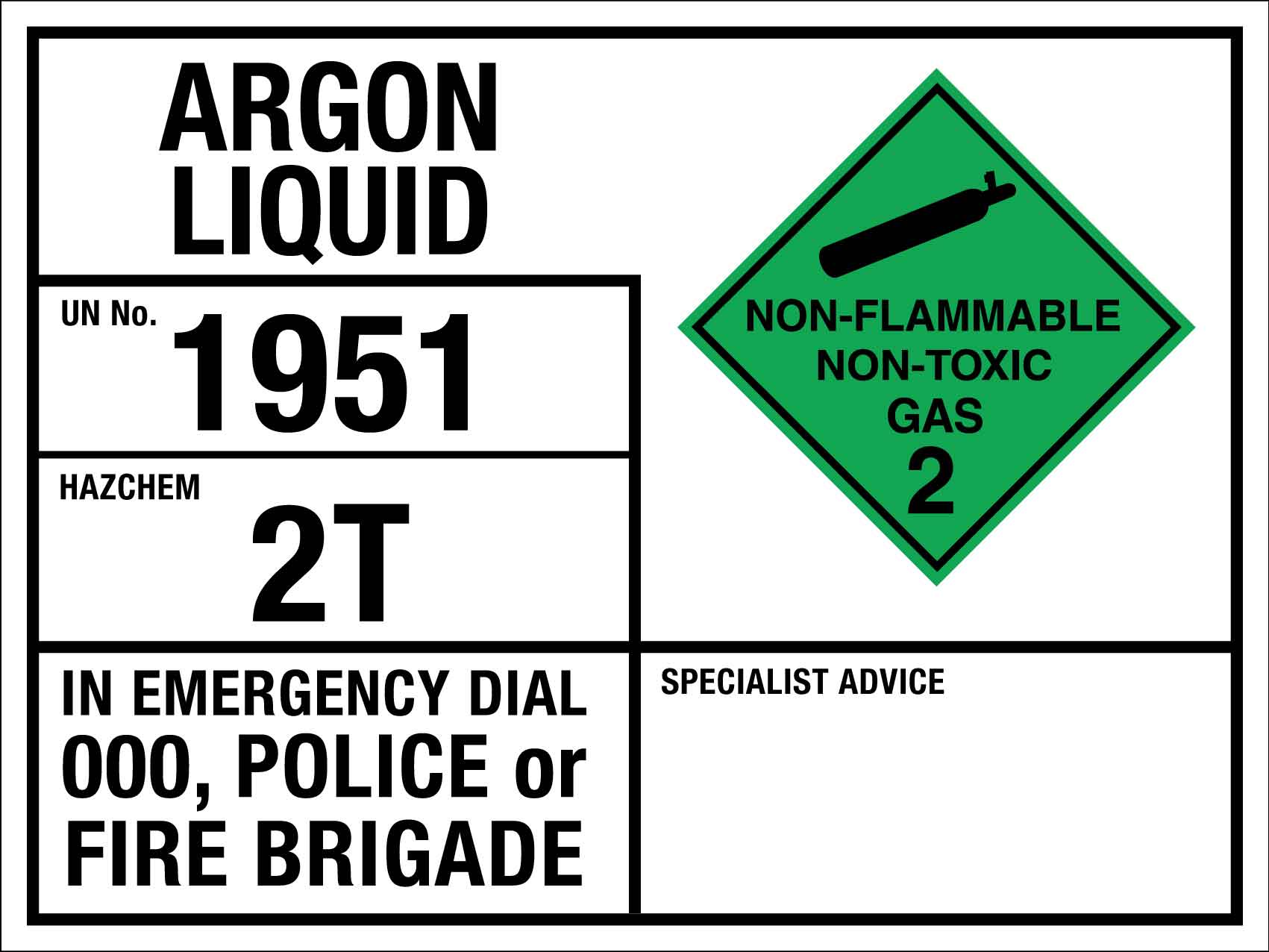 Argon Liquid 1951 2T Emergency Information Sign - New Signs