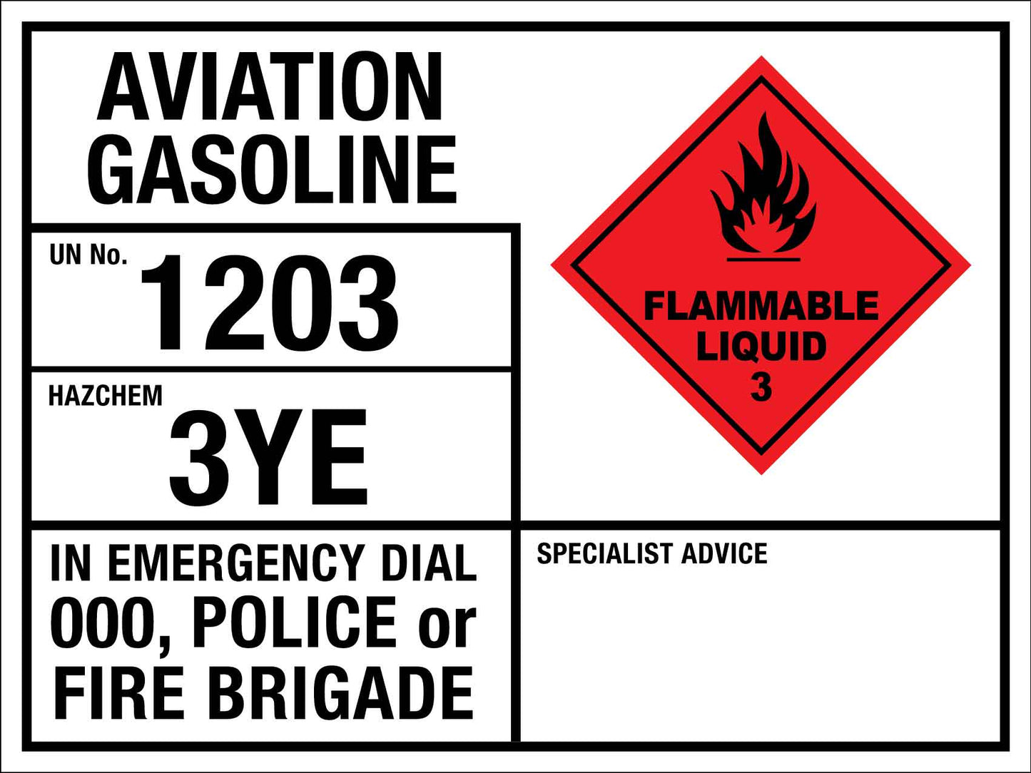 Aviation Gasoline 1203 3YE Emergency Information Sign - New Signs