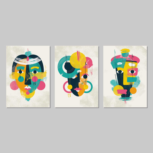 Bright Abstract Face Poster Wall Art Prints (Set of 3) - New Signs