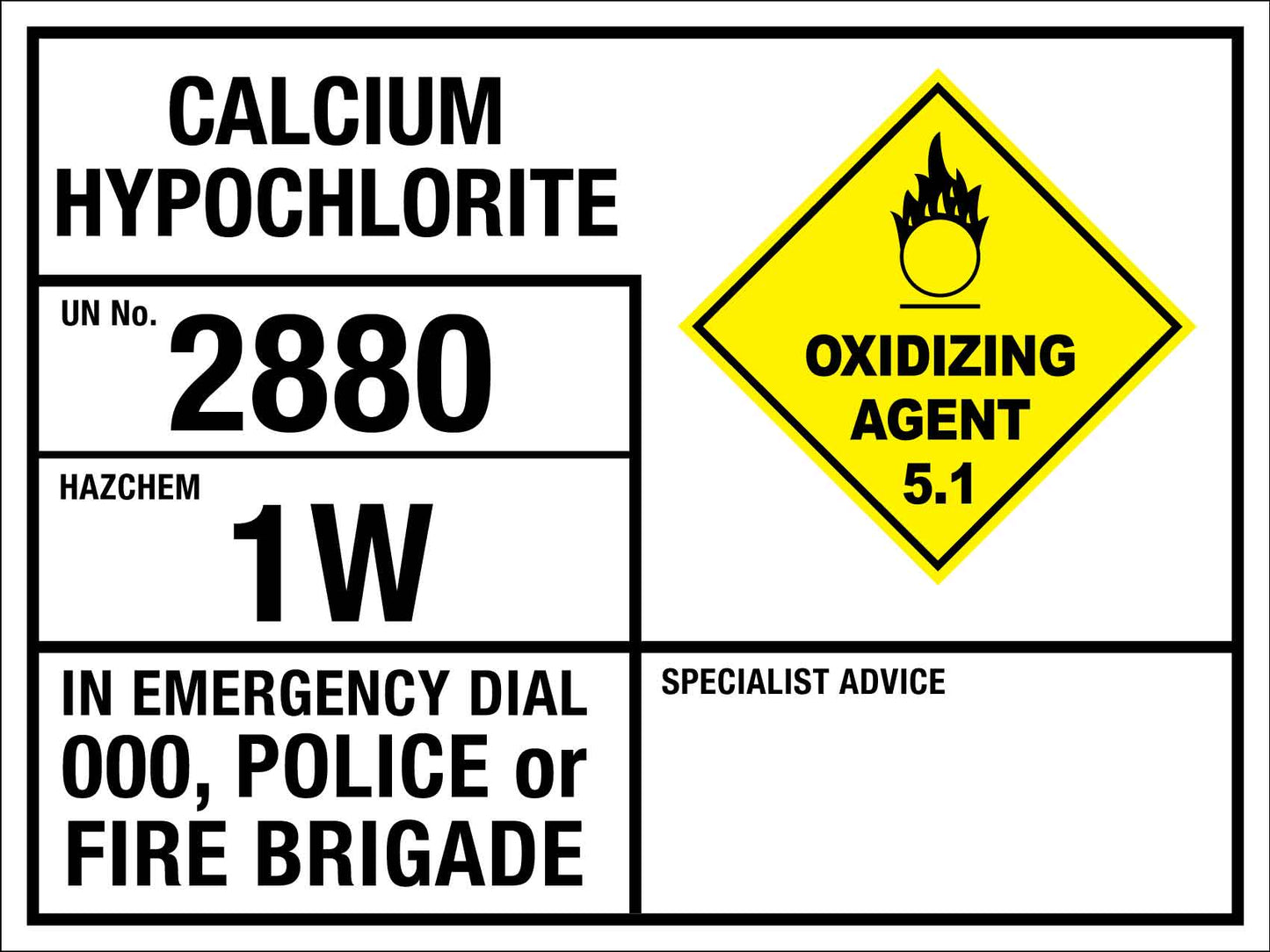 Calcium Hypochlorite 2880 1W Emergency Information Sign - New Signs