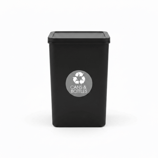 Cans and Bottles Grey Background Circle Bin Sticker - New Signs