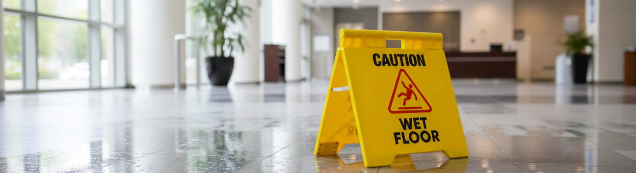 Caution Wet Floor Sign in Lobby