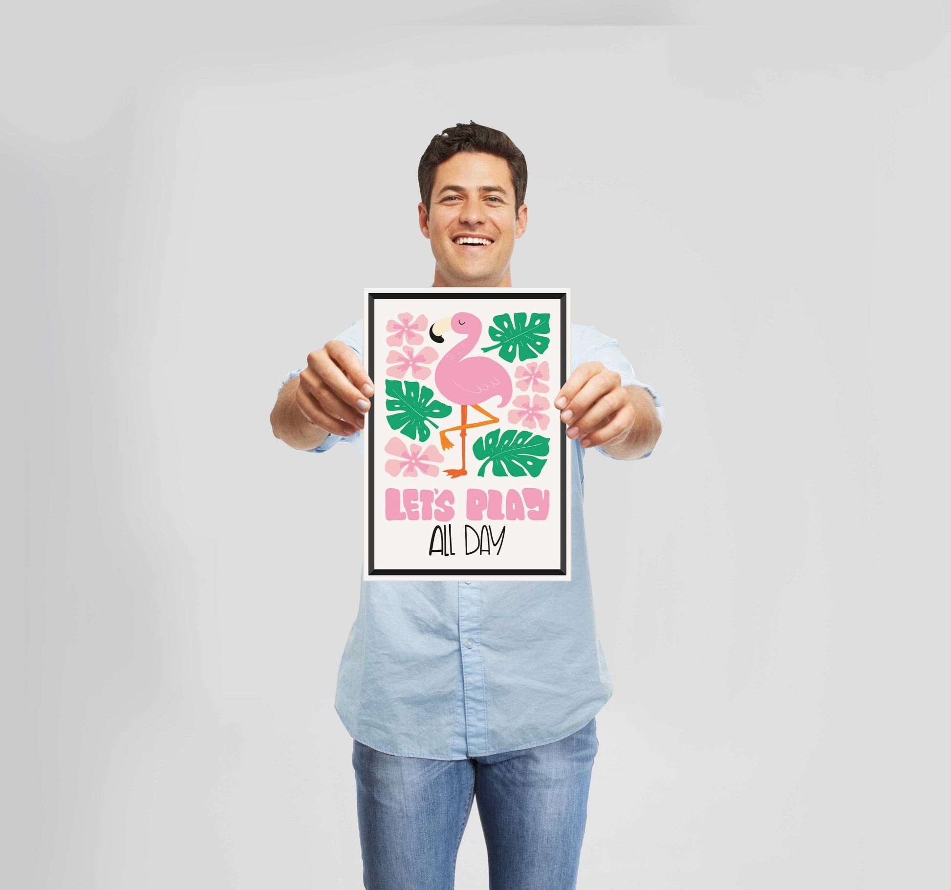 Children's Bedroom Let's Play Flamingo Poster Wall Art Prints - New Signs