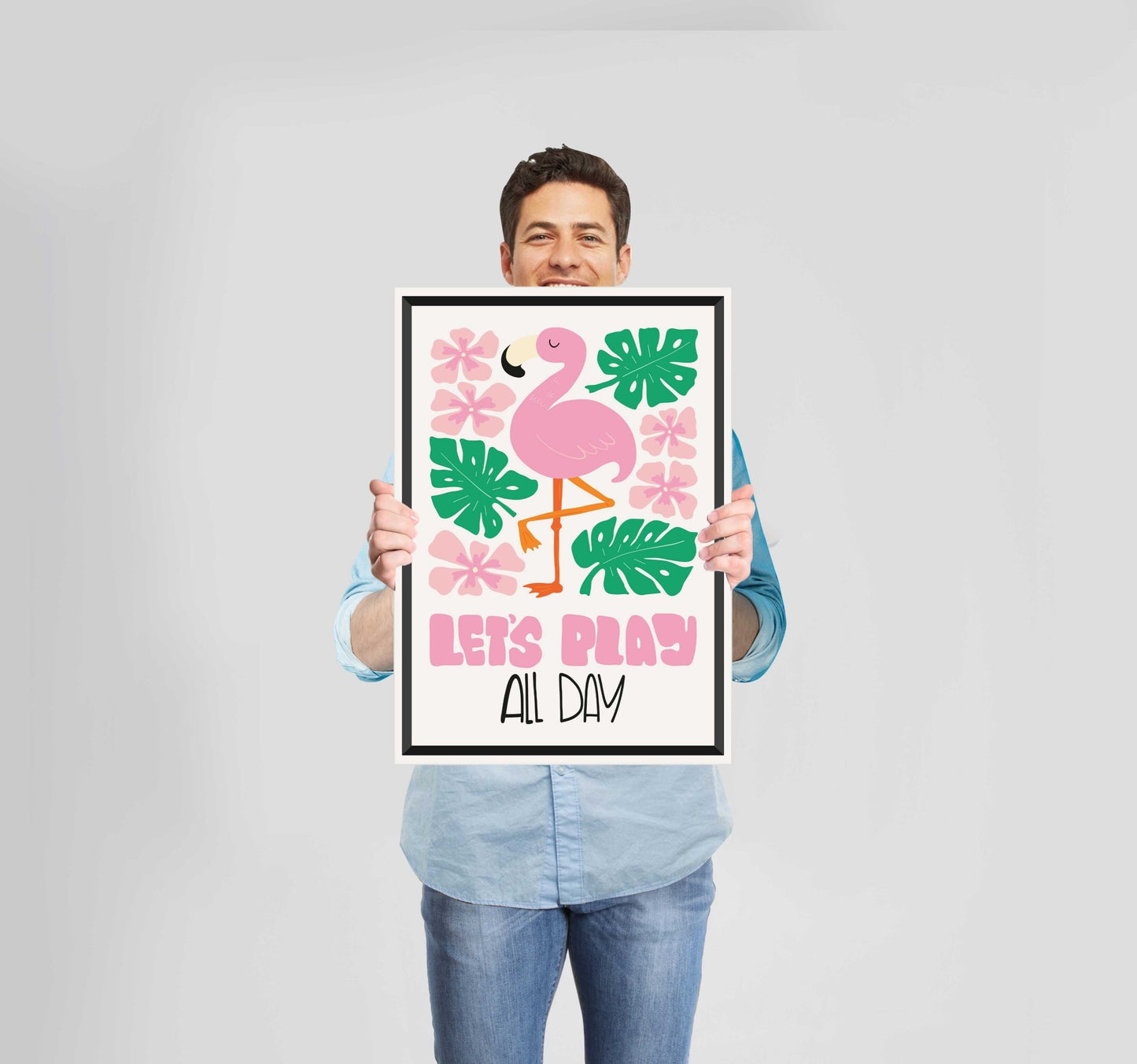 Children's Bedroom Let's Play Flamingo Poster Wall Art Prints - New Signs