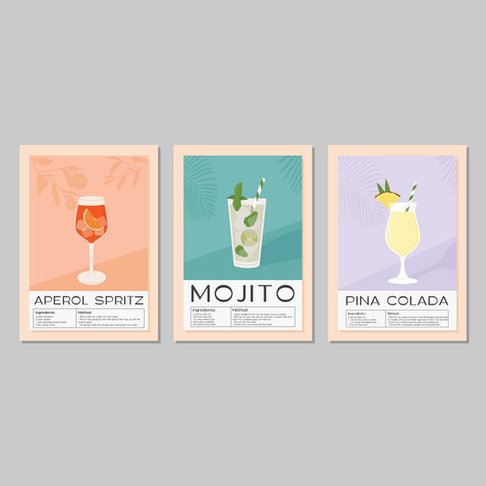 Cocktail Poster Wall Art Prints (Set of 3) - New Signs