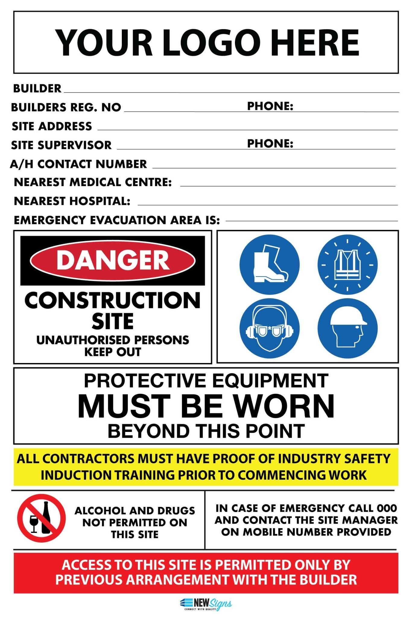 Construction Site Entry Building Emergency Details Sign - New Signs