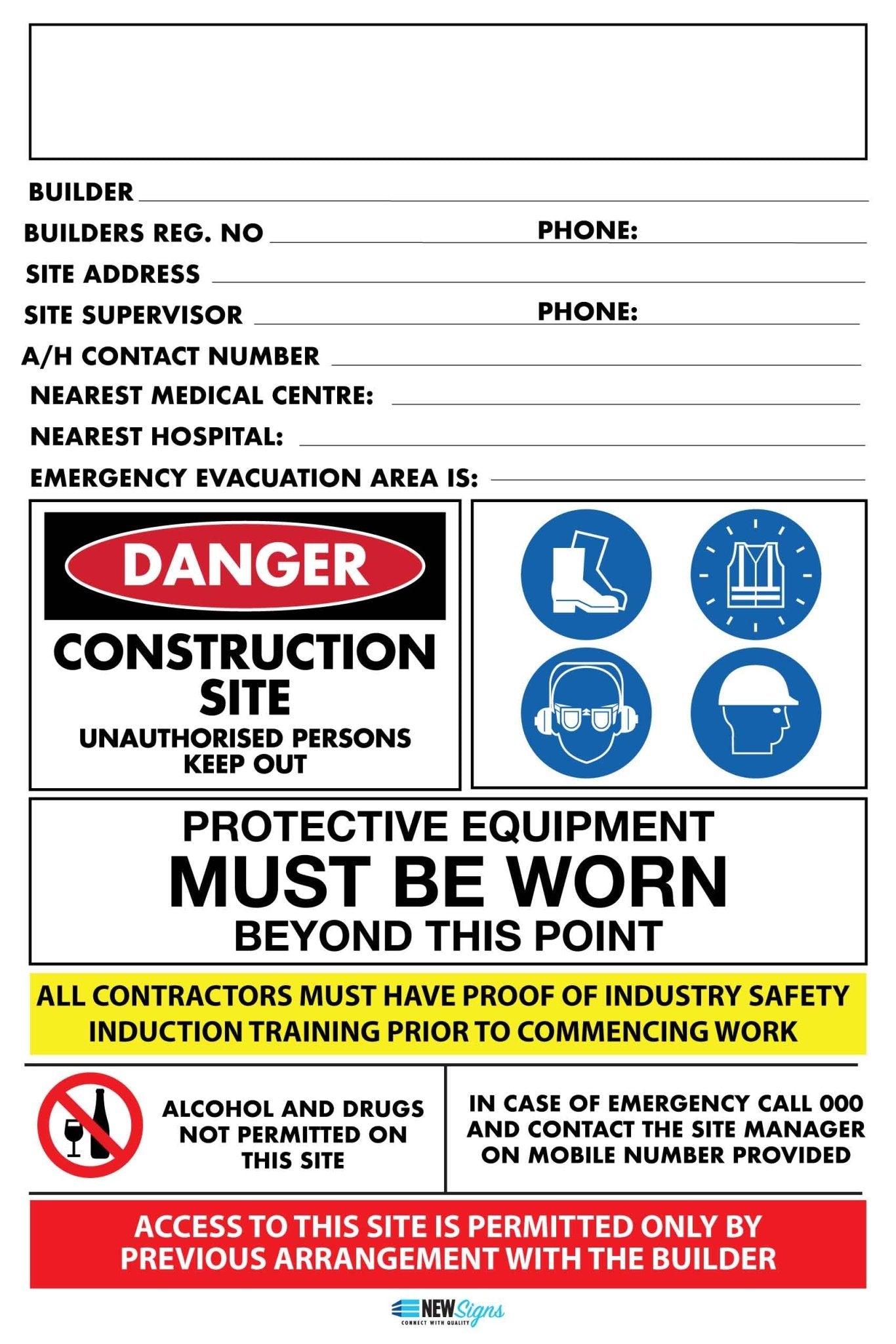 Construction Site Entry Building Emergency Details Sign - New Signs